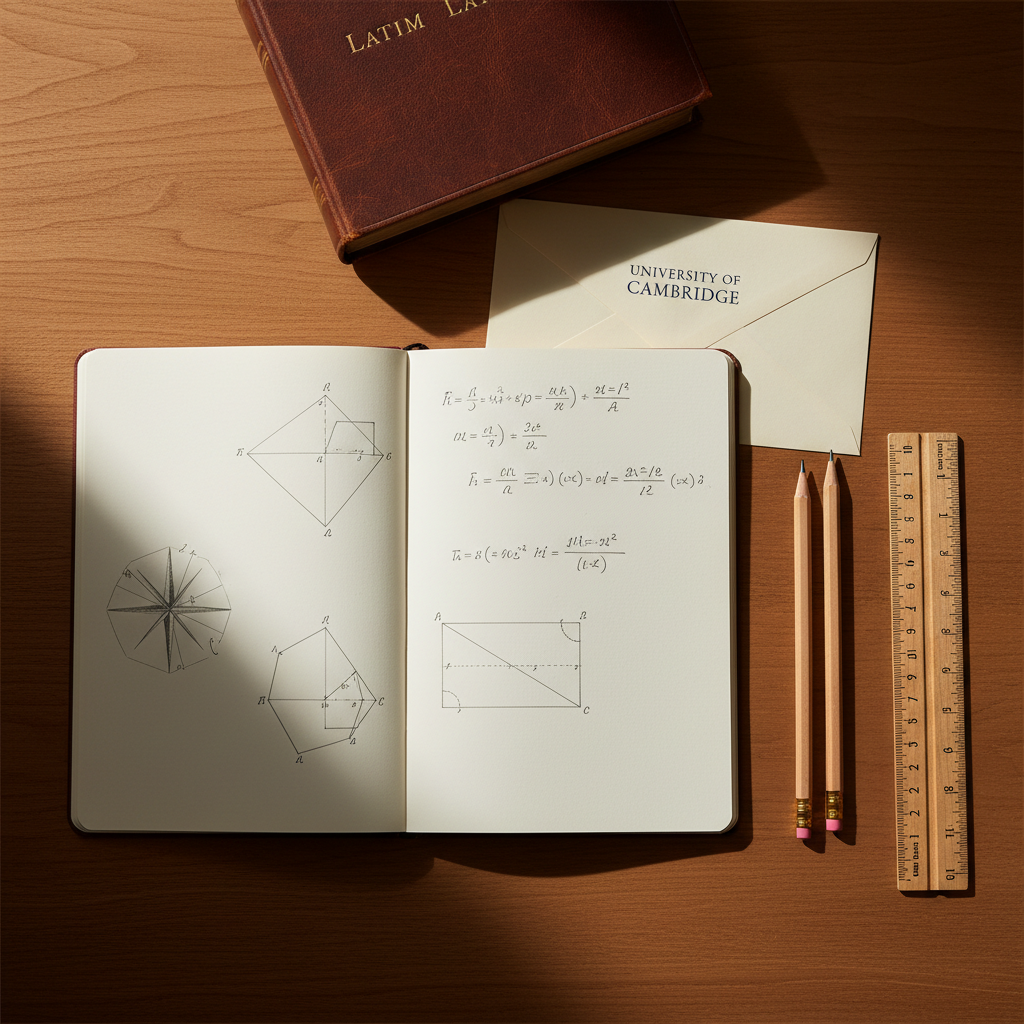 A study desk flat-lay with notebook, pencils, and an acceptance letter